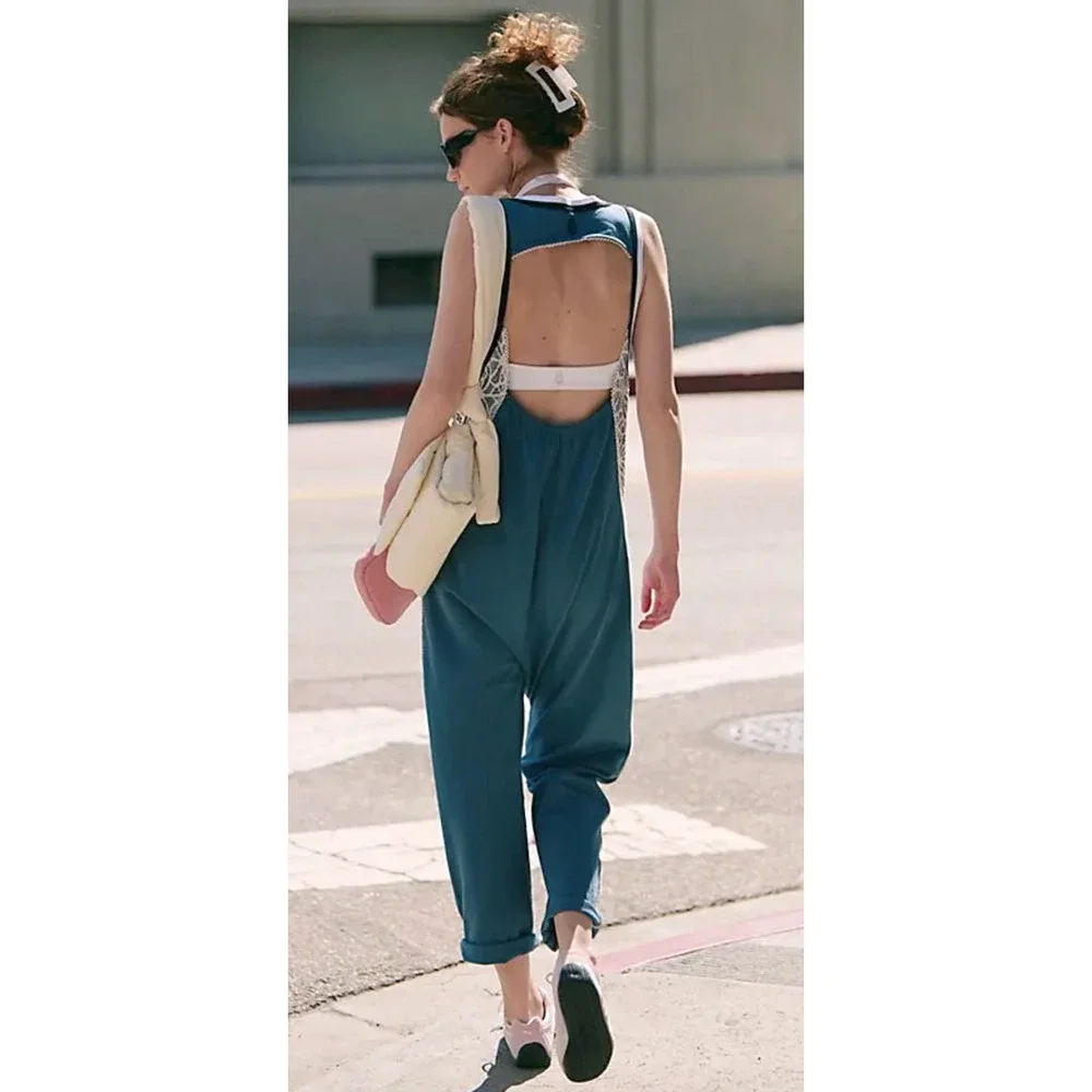 FREE PEOPLE FP MOVEMENT SKYLINE BLUE WHITE LACE DAY TRIP ONE PIECE JUMPSUIT XS